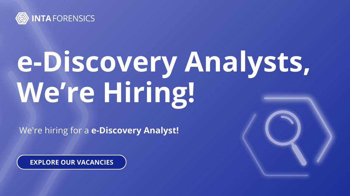IntaForensics's tweet image. 🚨 We&apos;re hiring! 🚨 

An amazing opportunity has come up in our e-Discovery team! We&apos;re looking for an e-Discovery Analyst!

👉 Find out more about the vacancy and apply today: eu1.hubs.ly/H0pmVWL0

#hiringnow #ukrecruitment #ediscovery #ediscoveryanalyst