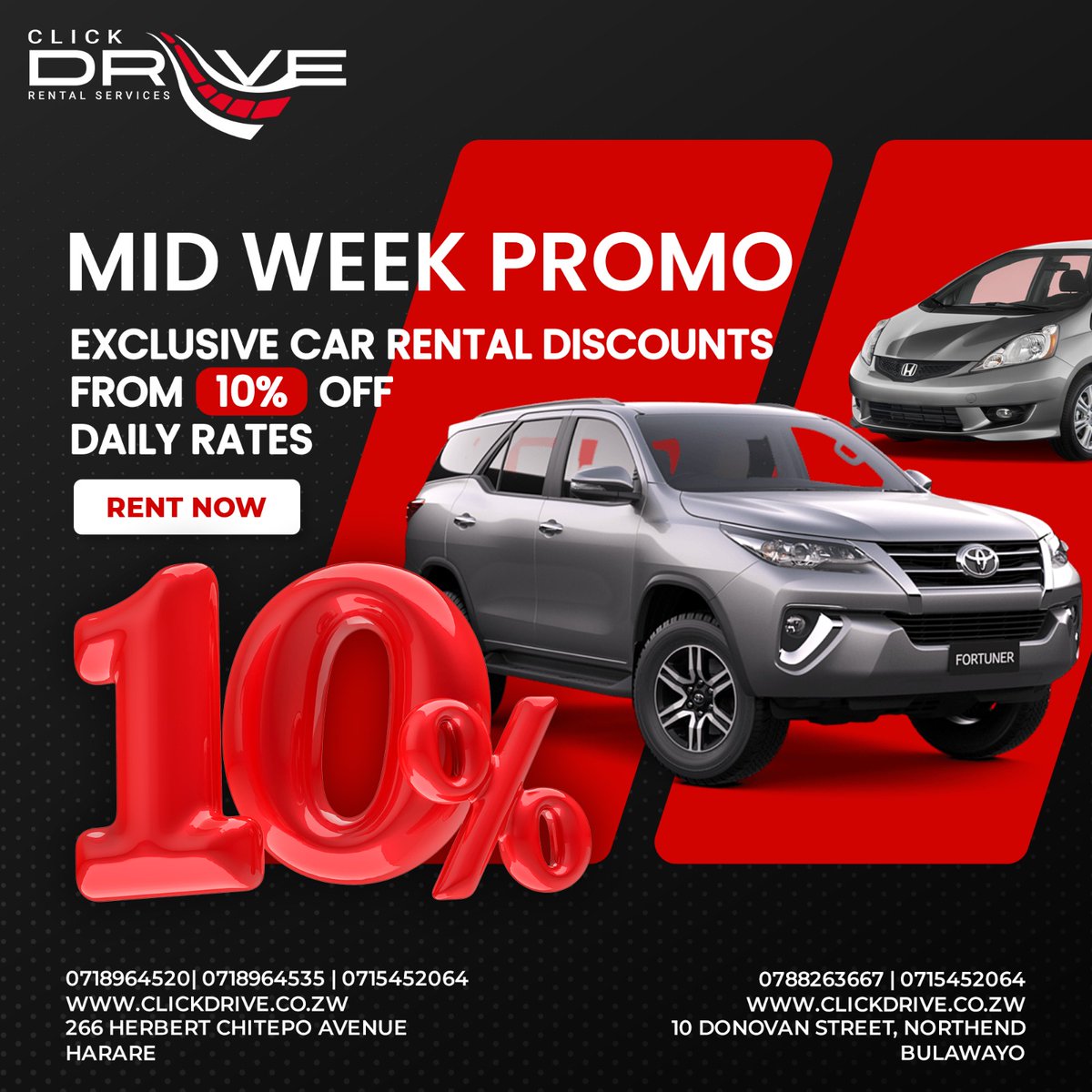 ClickdriveZim's tweet image. 𝘾𝙡𝙞𝙘𝙠𝙙𝙧𝙞𝙫𝙚 𝘾𝙖𝙧 𝙍𝙚𝙣𝙩𝙖𝙡 𝙎𝙚𝙧𝙫𝙞𝙘𝙚𝙨

💰𝑻𝒉𝒆 𝒓𝒐𝒂𝒅 𝒄𝒂𝒍𝒍𝒔 𝒍𝒐𝒖𝒅𝒆𝒓 𝒎𝒊𝒅𝒘𝒆𝒆𝒌. And we answer with up to 𝟭𝟬% 𝑶𝑭𝑭  from Monday to  Wednesday at 𝑪𝒍𝒊𝒄𝒌𝒅𝒓𝒊𝒗𝒆. Drive your week differently!🚗

👉 𝑩𝒐𝒐𝒌 𝒚𝒐𝒖𝒓𝒔 𝒏𝒐𝒘 &amp;amp; 𝒔𝒂𝒗𝒆…