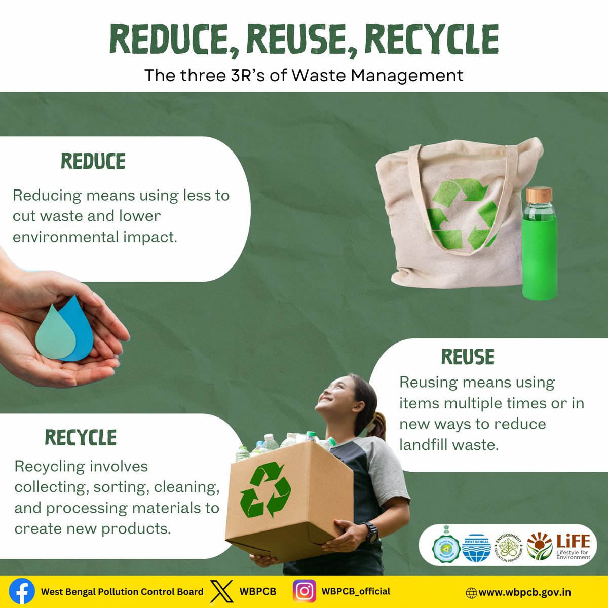 WBPCB's tweet image. Embrace the 3 R’s — Reduce, Reuse, Recycle!

Small actions today create a cleaner, greener tomorrow. Let’s take responsibility and protect our planet together!

#wbpcb