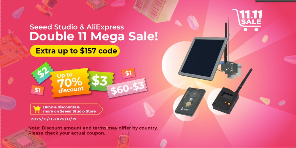 seeedstudio's tweet image. 🚀 #AliExpress 11.11 Global Shopping Festival is LIVE!

#Seeed Studio Official Store is joining the biggest hardware sale of the year！

🗓️ Nov 11 – Nov 19 (UTC-8)
🏪 Visit Seeed Studio on AliExpress: bit.ly/3Lugj8M

💰 How to Save More:
✅ AliExpress Platform Coupons —…