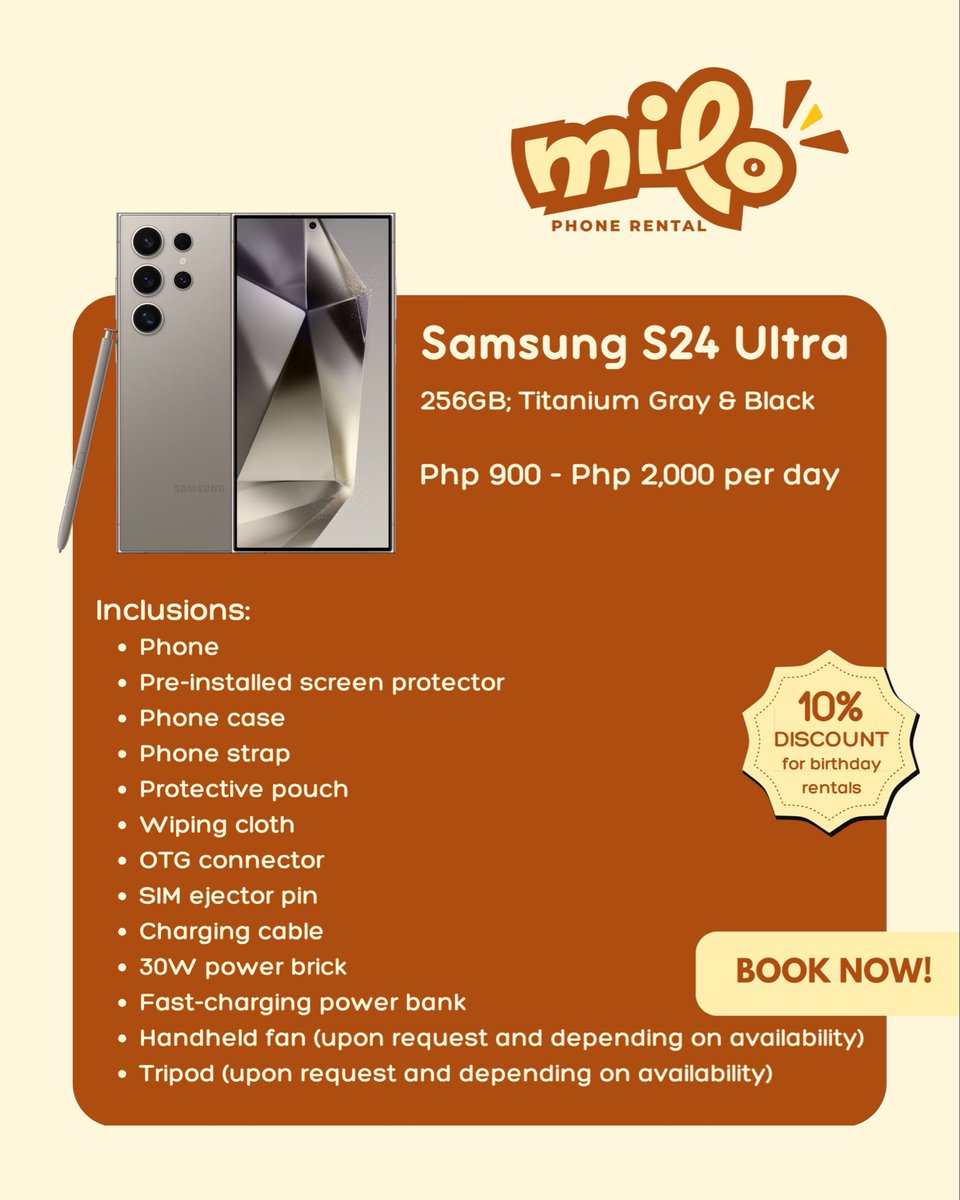 MiloPhoneRental's tweet photo. Need a phone for travel, content creation, concert or other events?

Rent our phone units for as low as 600 pesos!

#MiloPhoneRental #PhoneRental #PhoneForRent #iPhoneRental #SamsungRental #SamsungForRent #PhoneRentalPhillippines #SamsungS24Ultra #Iphone16promax #iPhone16pro https://t.co/W957chaLST