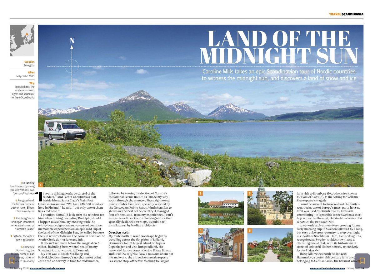 Land of the Midnight Sun - feature on my epic #solofemaletravel #camping road trip through #Denmark, #Sweden, #Finland and #Norway to reach Nordkapp, and my return route exploring Norwegian Scenic Routes. In the latest issue of Practical Motorhome, out now. #campervan #roadtrip