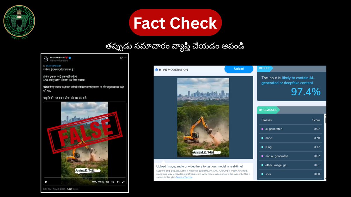 AI-generated videos are being circulated online claiming large-scale destruction in the Kancha Gachibowli area. These videos are fake and do not reflect the ground reality.

✅ The Telangana Government categorically denies these claims.
✅ No such “mass destruction” has taken