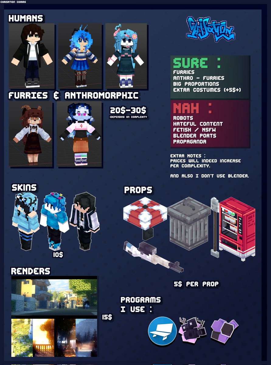 ichrisation's tweet image. Commissions OPEN, with an updated portfolio and prices.

• Join my Discord through my link and DM me if you want to commission or for more information.

I also do Minecraft Skin texturing now.

#modelbench #mineimator #minecraft #commissionsopen