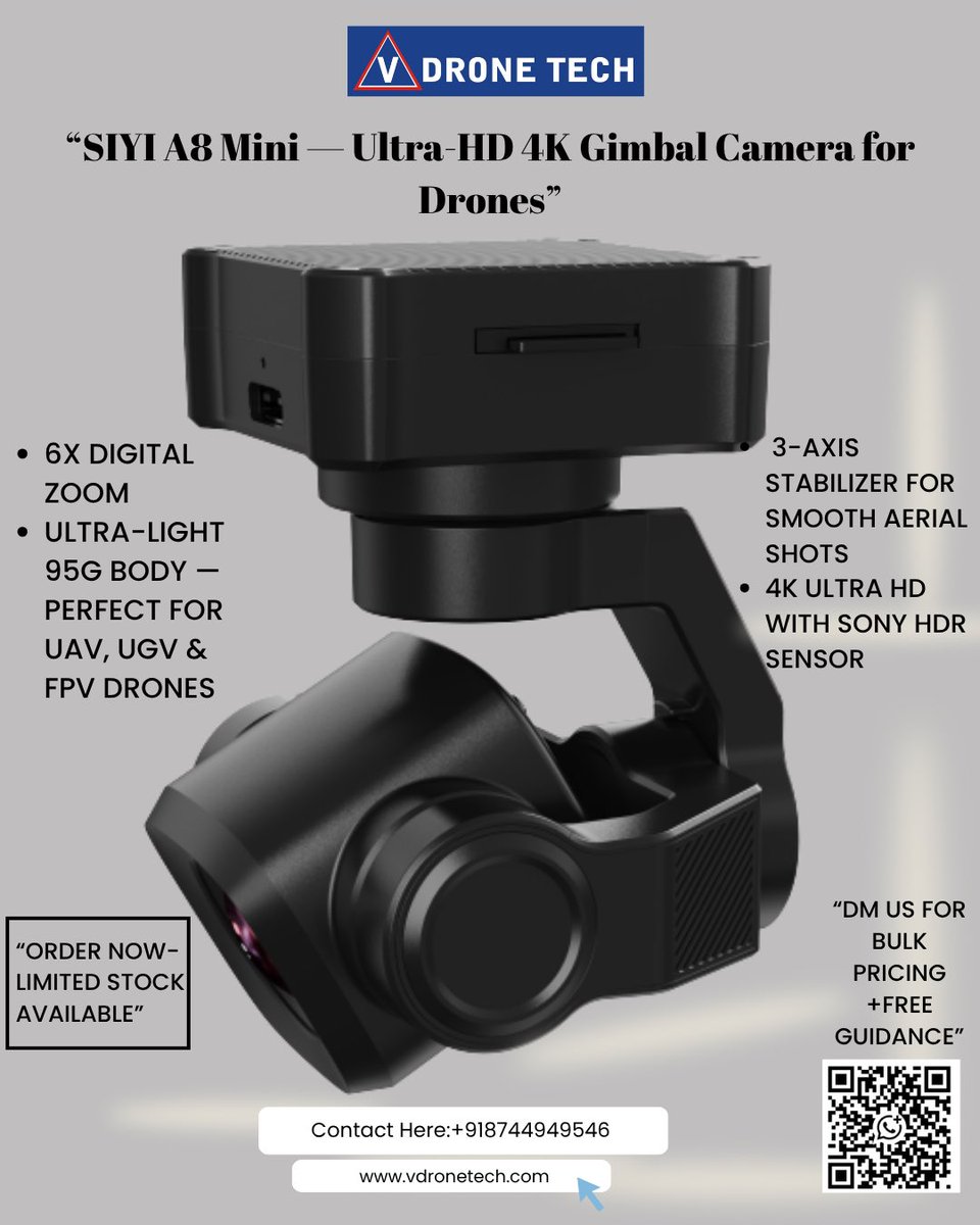 vdronetech's tweet image. Meet the SIYI A8 Mini — Ultra-HD 4K Gimbal Camera 🎥
Lightweight. Stable. Powerful.
Perfect for UAV, UGV &amp;amp; FPV drones 🚁
📞 +918744949546
👉 vdronetech.com
#DroneTech #VDroneTech #SIYIA8Mini #4KCamera #AerialImaging #GimbalCamera #UAV #DroneInnovation #FPVDrone