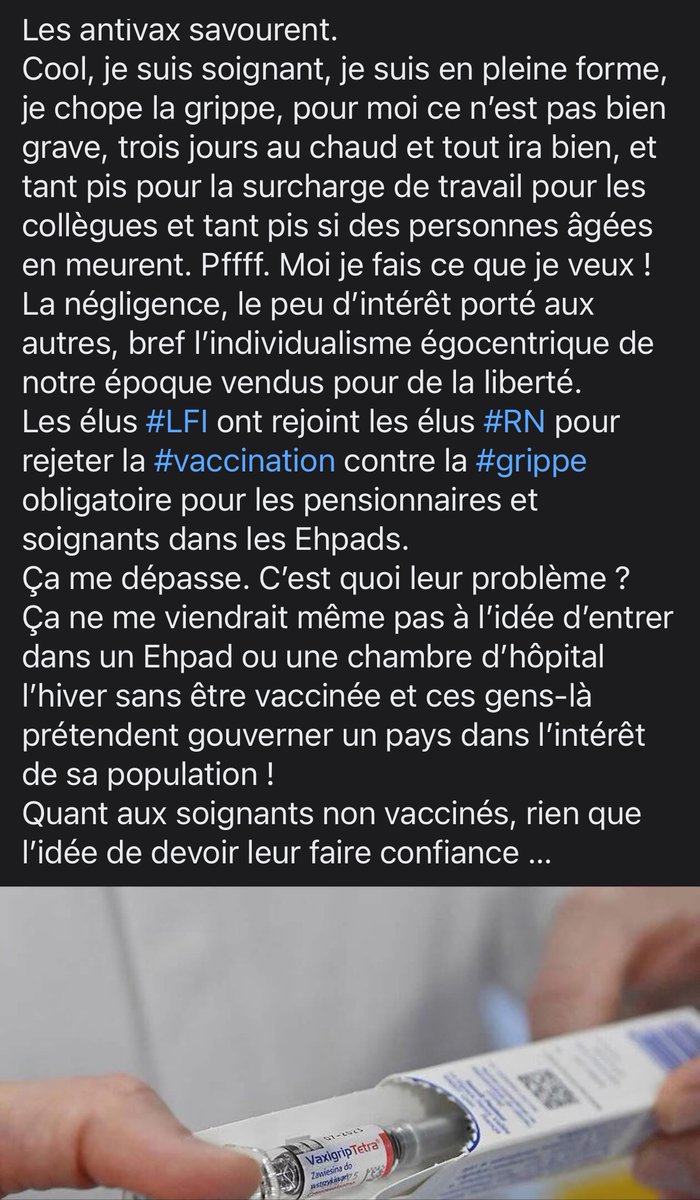 LeDoareCh's tweet photo. Les élus #LFI ont rejoint les élus #RN pour rejeter la #vaccination contre la #grippe obligatoire pour les pensionnaires et soignants dans les #EHPADS
👇 https://t.co/ETlrm64nQn