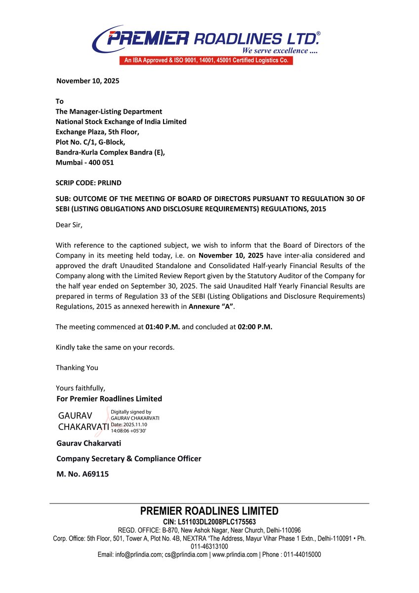 nileshkurhade's tweet image. 📌 Premier Roadlines Limited informed the exchange about its approval for the financial results for the period ended September 30, 2025. #SME #PRLIND 📄🧾