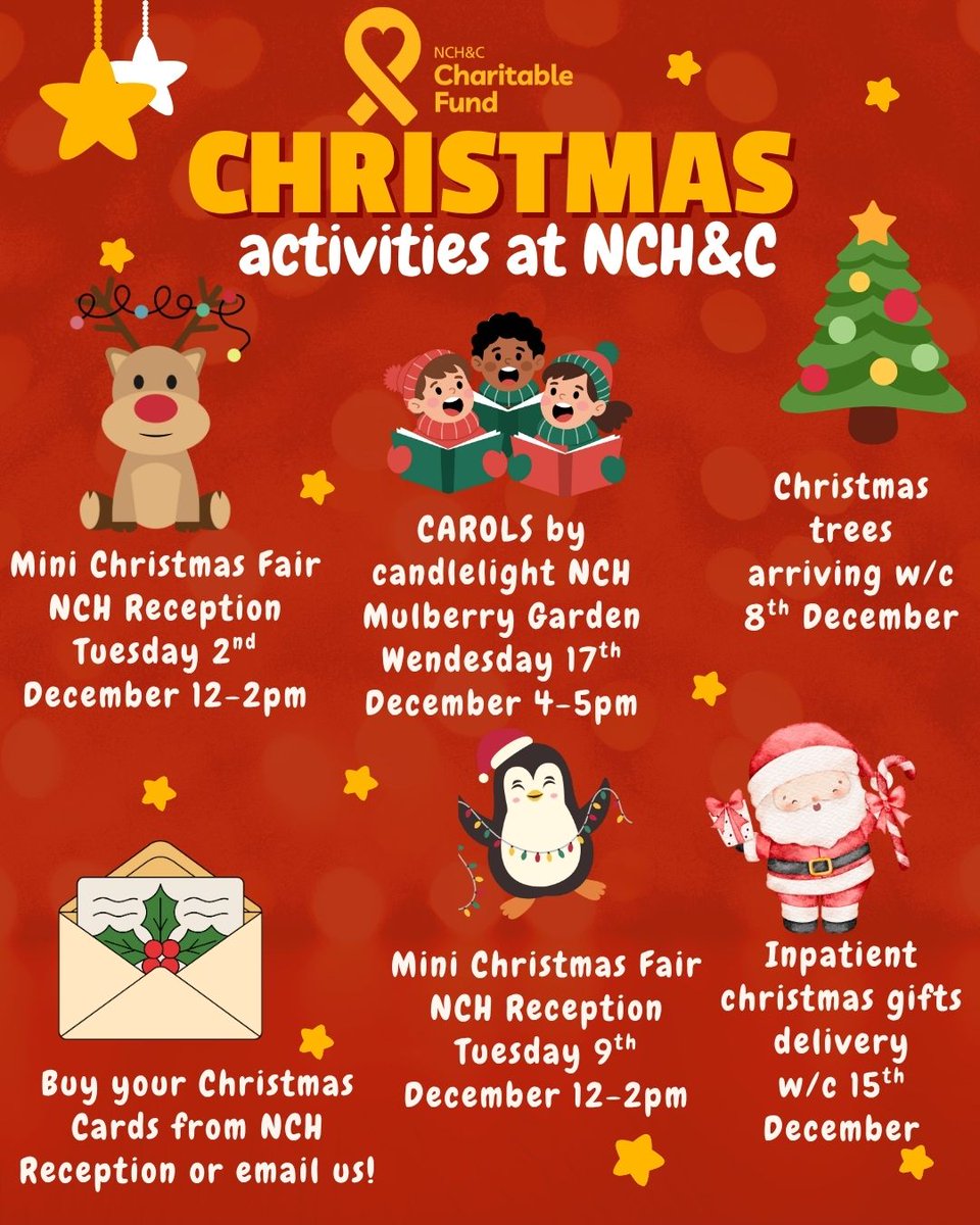 Some festive dates for your diaries!📅

Come along and get involved this December, and support our #charity in delivering #Christmas cheer to patients and <a href="/NCHC_NHS/">NCH&C</a> staff.🎄🎉