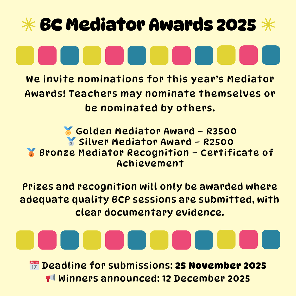 basicconcepts1's tweet image. 📢 Reminder: Nominations for the BC Mediator Awards 2025 close 25 Nov!
Nominate yourself or a colleague who shines in mediation 🌟
#BasicConceptsFoundation #MediatorAwards2025 #Education