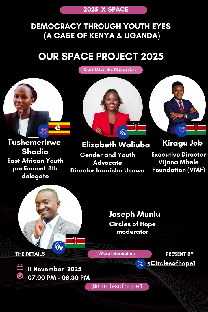Don't miss to hear from amazing panel of young women leaders sharing their experiences navigating civic spaces tomorrow  Tuesday at 7pm <a href="/TushemeririweK/">Tushemerirwe Shadia</a> <a href="/kiragu_job/">Job Kiragu Muriithi</a> <a href="/Circlesofhope1/">Circles of Hope</a> through #ourSpaceproject 
#WYDECivicengagement