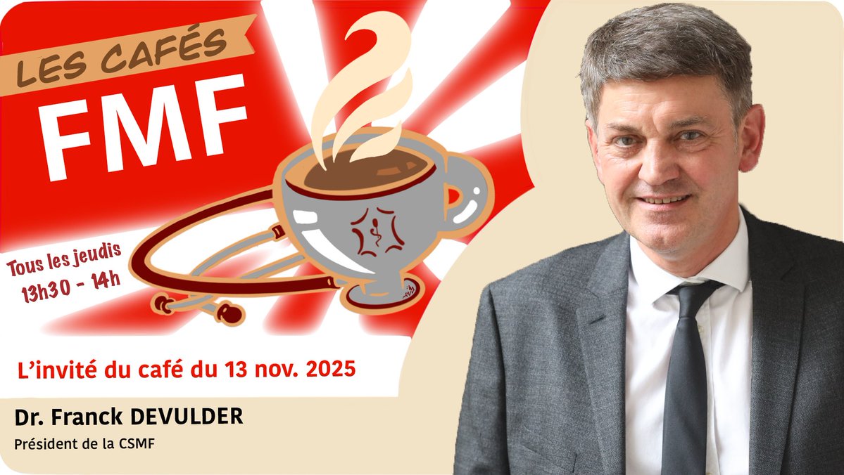 FMFofficiel's tweet image. #CafésFMF — Jeudi 13 novembre 2025
Nous recevrons le Dr @franckdevulder, Président de la @CSMF_officiel.

Le menu du jour ?
Un décryptage serré de ce #PLFSS2026 qui risque de laisser un goût amer à la #MédecineLibérale.
Entre réglementations corsées, sanctions épicées et…