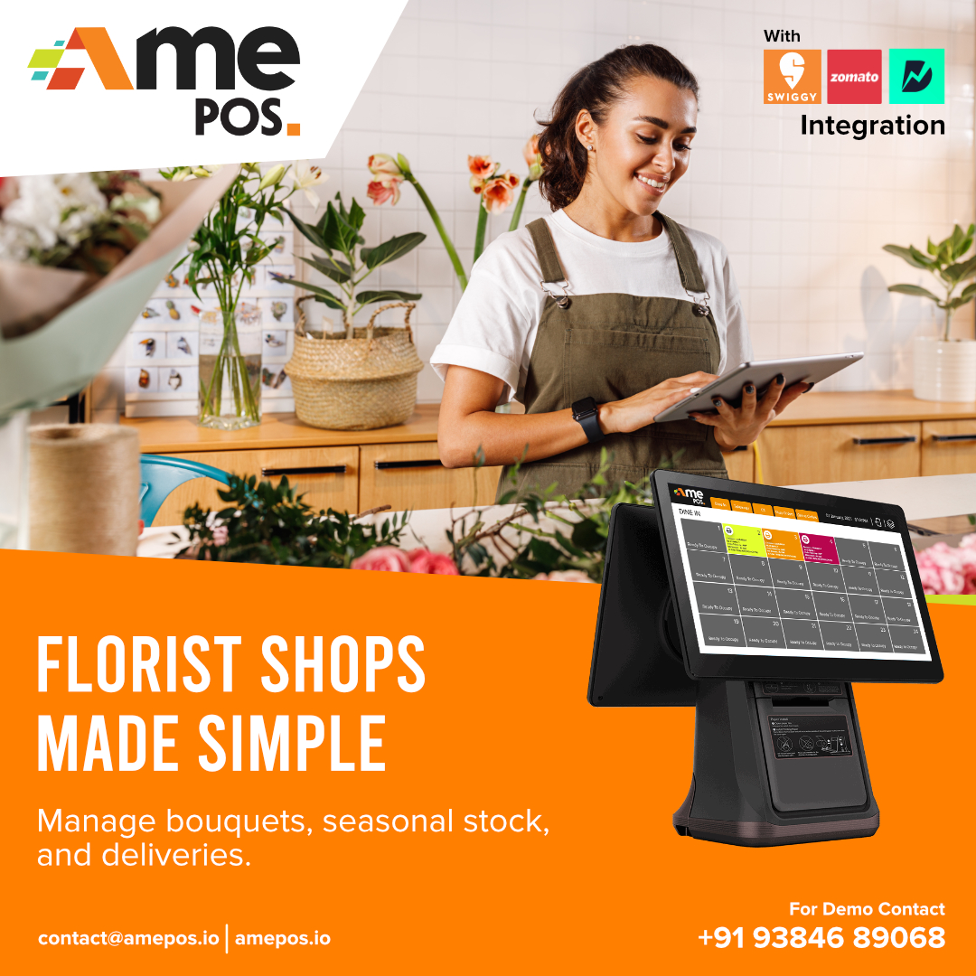 Florist Shops Made Simple
Manage bouquets, seasonal stock, and deliveries.

AMEPOS helps track perishable items effortlessly.
Make gifting easier with smart billing and CRM tools.

Let your shop bloom with technology.
 #FloristPOS #BloomWithTech #AMEPOSFlowers #POSForGrowth
