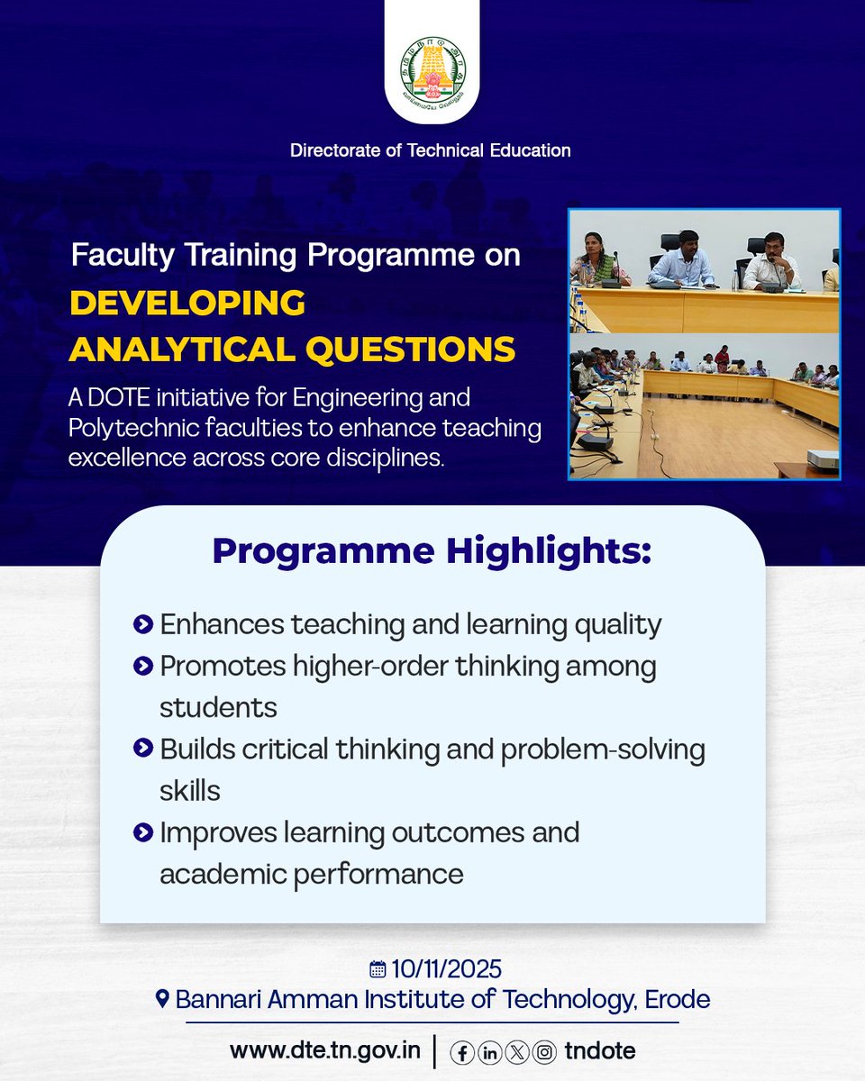 TNDOTE's tweet image. A capacity-building programme aimed at enabling faculty to design analytical questions that foster higher-order thinking among students.

#TNDOTE #PolytechnicEducation #FacultyDevelopment #HigherOrderThinking #CapacityBuilding #InnovativeTeaching