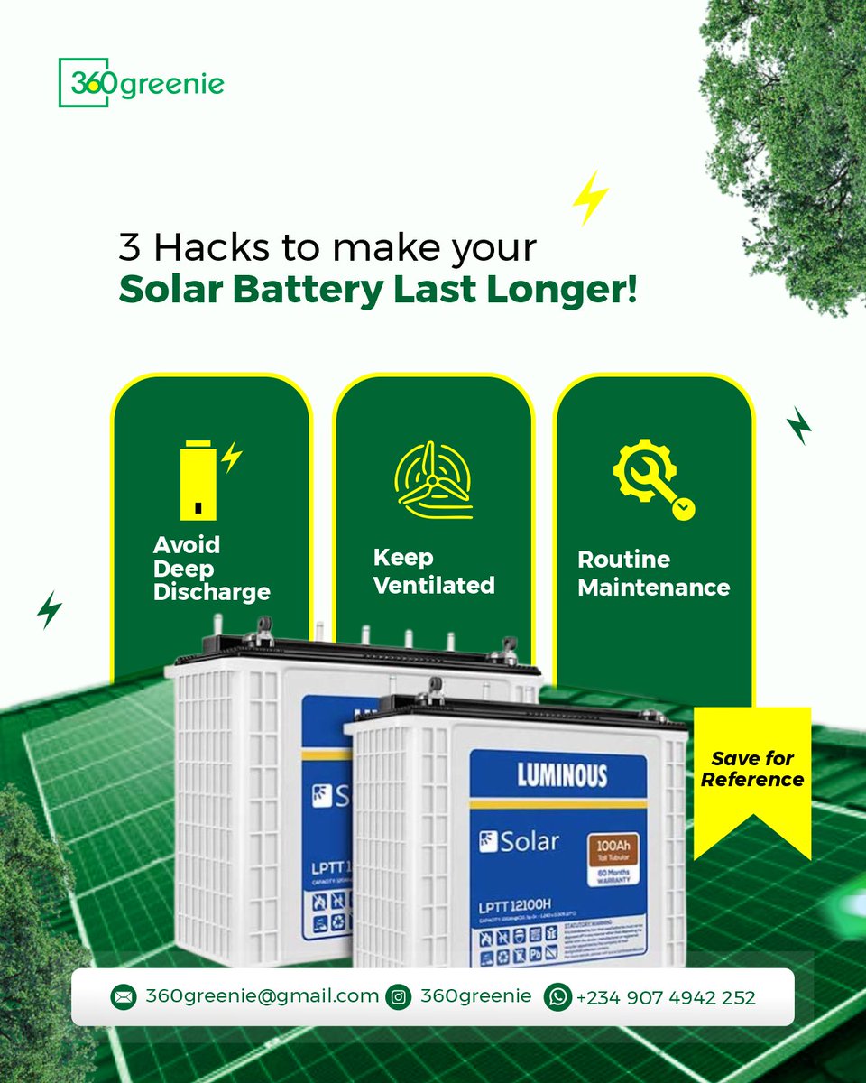 360greenie's tweet image. ✅ Don’t over-discharge your battery
🌬️ Keep it in a cool, ventilated space
🧰 Schedule regular maintenance checks
A well-maintained battery means steady power and longer savings. ⚡

💾 Save this post for reference!
#360Greenie #SolarTips #BatteryCare #SustainableLiving