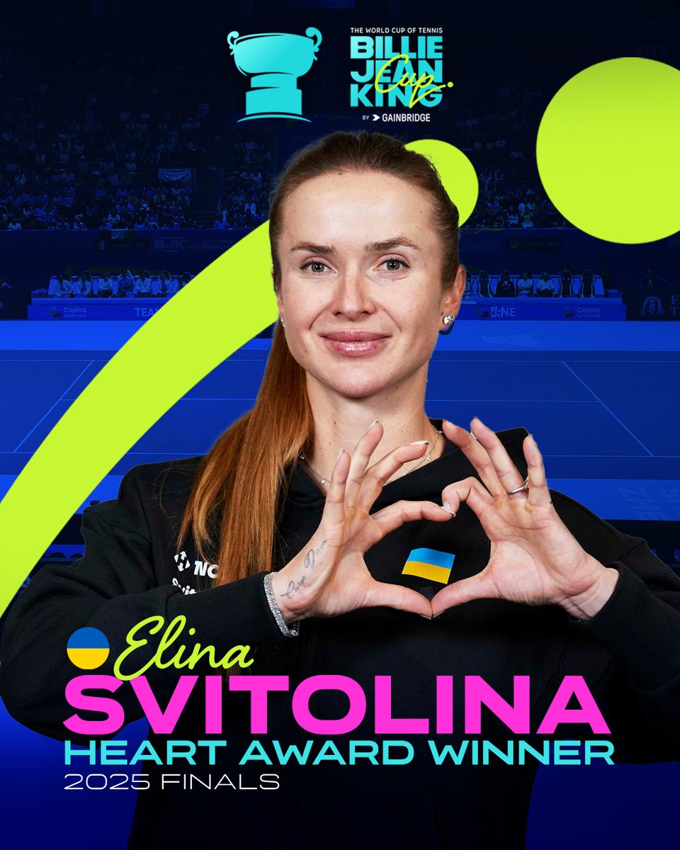 The Heart of the Finals 💙

Congratulations to Ukraine’s Elina Svitolina, winner of the #BJKCup Heart Award for the 2025 Finals!