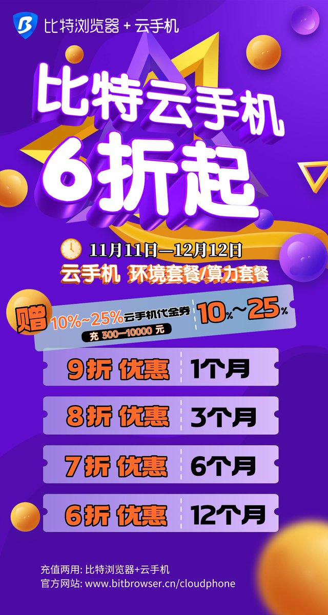 bitbrowser1's tweet image. 比特浏览器双11-双12狂欢：
⏰ 活动时间：11.11-12.12
🔥 云手机/算力套餐折扣：
1个月9折、3个月8折、6个月7折、12个月6折

💰 余额充值送代金券：
充300-999元送10%
充1000-2999元送15%
充3000-9999元送20%
充10000元以上送25%
💳 充值两用：浏览器 + 云手机
官网：bitbrowser.cn/cloudphone?cod…