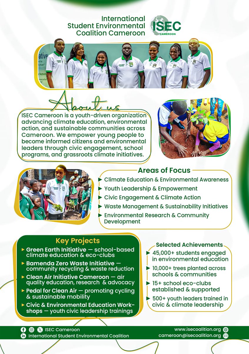Happy new week 🌍
Wondering what ISEC Cameroon stands for?
We educate, empower &amp; mobilize youth for a greener, sustainable future 🌿🇨🇲

See flyer for our mission &amp; impact 👇🏽
#YouthForClimate #ISECCameroon
