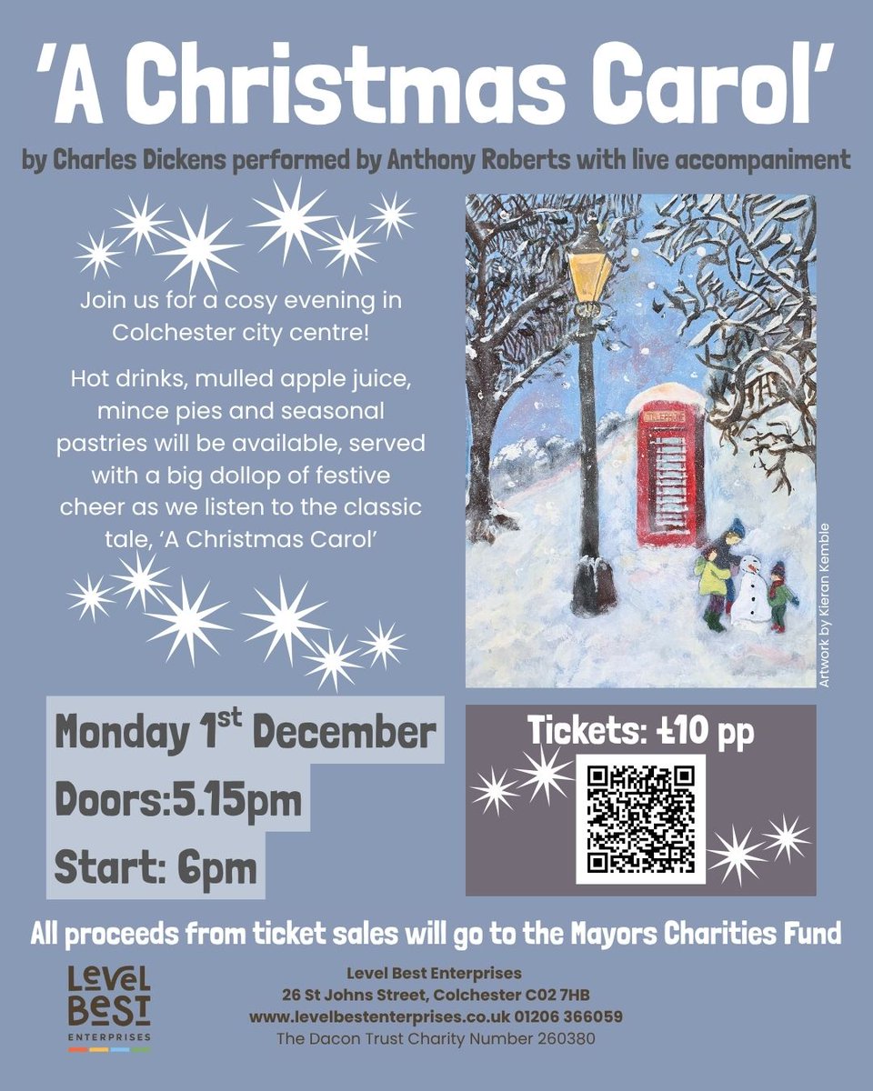 Open Road is one of The Mayor of Colchester's charities of the year along with 4 other great orgs. One of them, Level Best, is raising funds by hosting Anthony Roberts' rendition of Dickens' A Christmas Carol on 1 Dec. Don't miss this festive treat (details on poster). Book now!