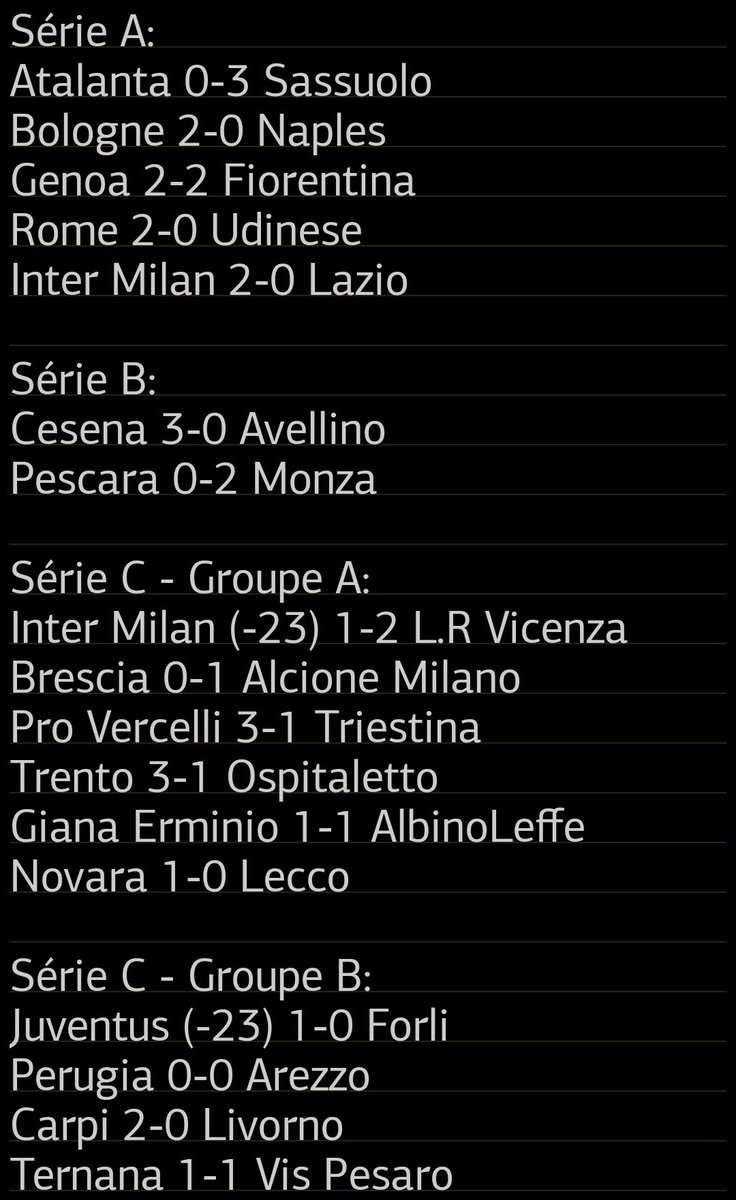TrisInfoFoot's tweet photo. Les résultats foot d'hier, Dimanche 09 novembre: #SerieA #ATASAS #Bundesliga2 #ProLeague #LALIGAEASPORTS #BOLNAP #GENFIO #FCLTFC #PremierLeague #SuperLig #Bundesliga #Eredivisie #VALRMA #SCOAJA #FCMOGCN #MCILIV #RomaUdinese #OLPSG #INTLAZ #CVFCFCB https://t.co/nzyseooPLS