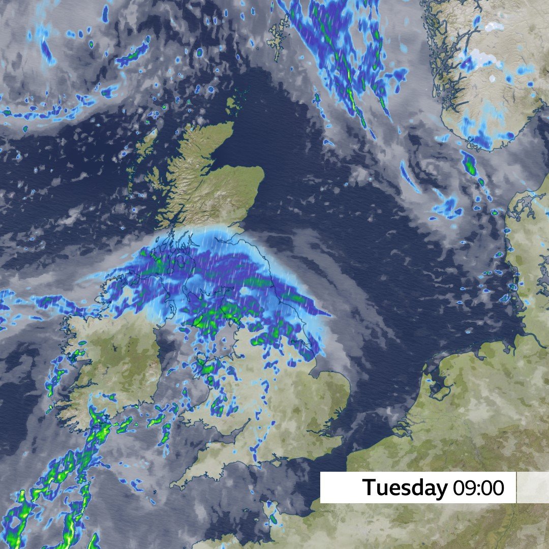 Tomorrow again we have rain moving north and east.

It will be a blustery day with coastal gales developing in the Irish Sea.

Brighter skies ahead of and behind the rain, with further showers following on into the west. 

<a href="/BBCBreakfast/">BBC Breakfast</a> xxx