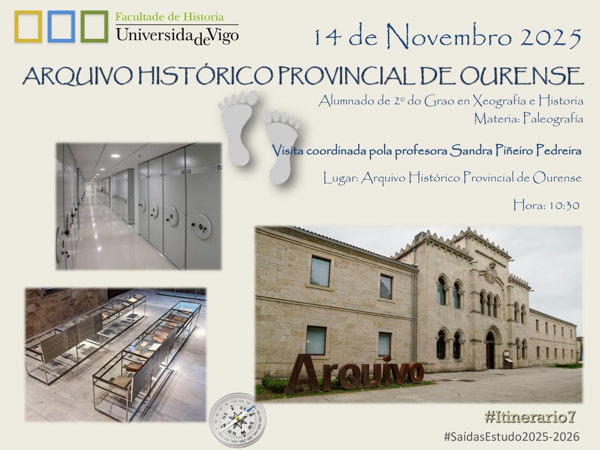 O alumnado de 2º de Grao en Xeografía e Historia participará nunha visita ao Arquivo Histórico Provincial de Ourense dentro da materia de Paleografía. 

#SaídasEstudo2025_2026 #FacultadeDeHistoria #UniversidadeDeVigo
