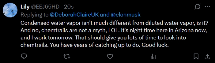 "Condensed water vapor isn't much different from diluted water vapor, is it?" 

I ♥️ Chemtrail Science