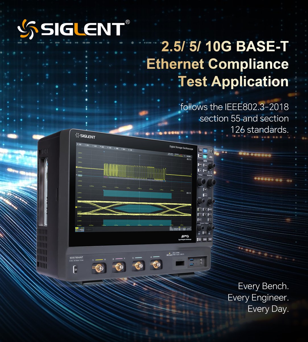 Siglent_Tech's tweet image. Siglent’s SDS7000A/AP series oscilloscopes provide 2.5G/5G/10G Ethernet Compliance Test with up to 20 GSa/s sampling and 8 GHz bandwidth. Tests include Jitter, output droop, linearity, distortion, and return loss. Learn more👉bit.ly/4qWogE6

#5G #WIFI #solution #SIGLENT
