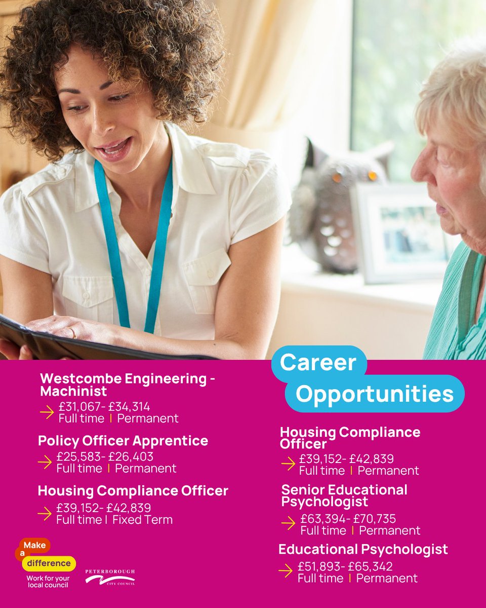 PeterboroughCC's tweet image. Do you want to help make a difference and work for us?

Advertised below are just some of our latest roles we have available, visit our website for more: pulse.ly/hat1al0m60

You can expect generous annual leave, flexible/hybrid working, enhanced pay, personal development and…
