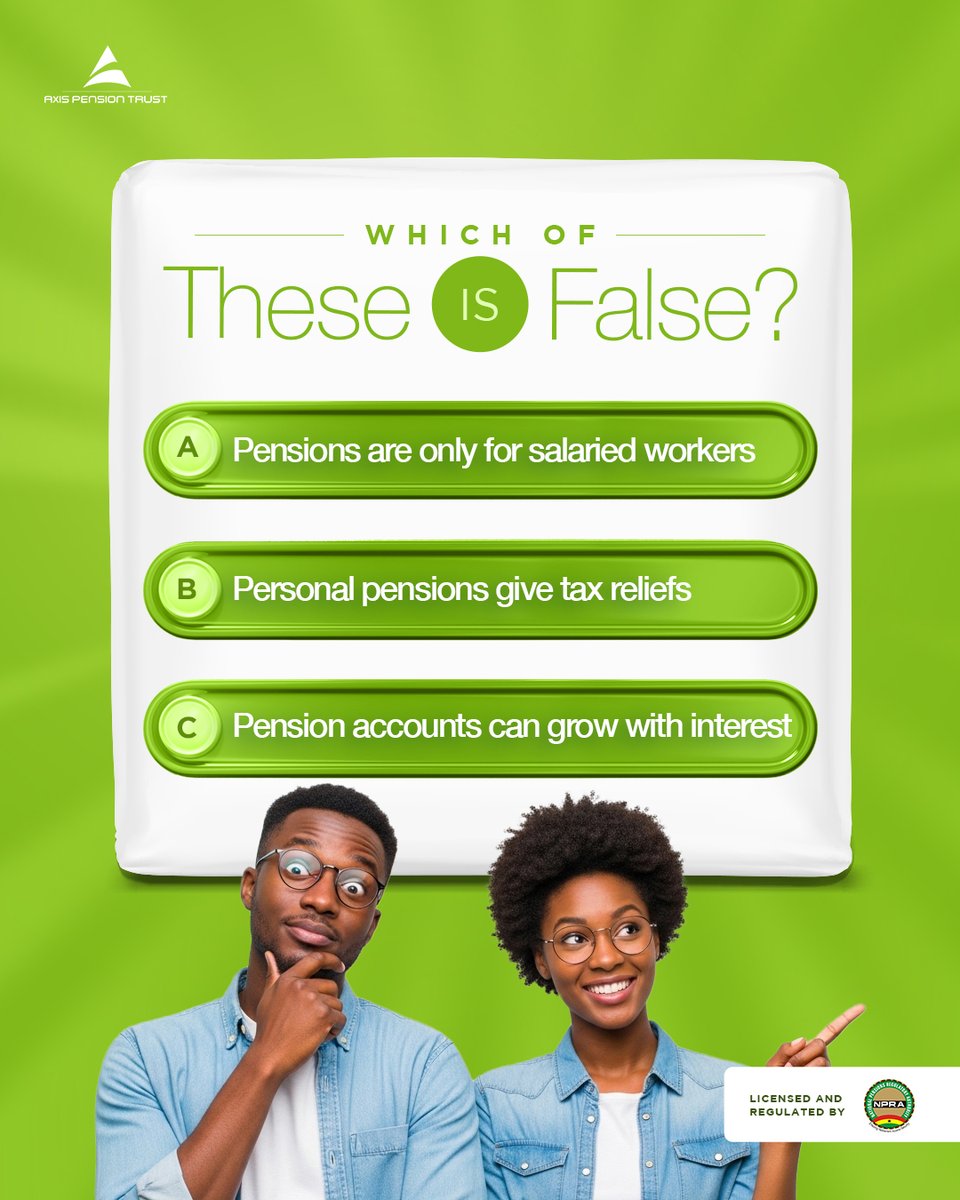 🔍 Which of these is false?

 A. Pensions are only for salaried workers
 B. Personal pensions give tax reliefs
 C. Pension accounts can grow with interest

Comment your answer &amp; tag a friend!
Start now → axispension.com/futureme

 #AxisQuiz #PensionMyths #StartNow