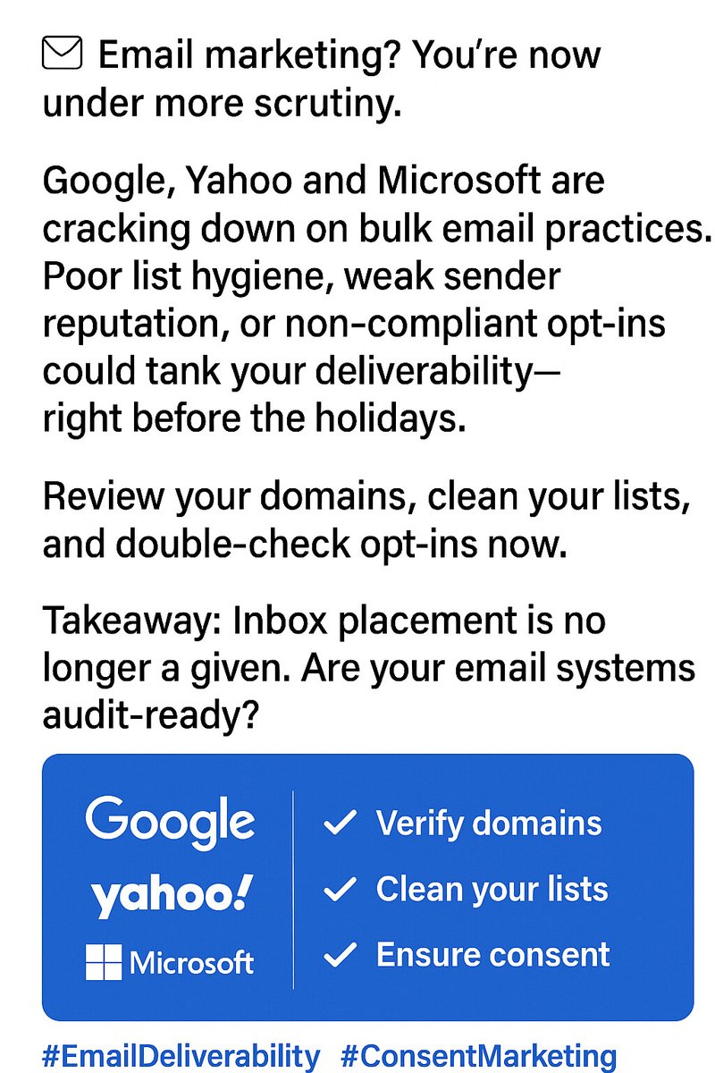 OSDDigital's tweet image. Email senders: Google, Yahoo, and Microsoft are tightening the rules.
✅ Verify domains
✅ Clean your lists
✅ Ensure consent

Ignore it and your holiday campaigns might end up in spam.
#EmailMarketing #Deliverability