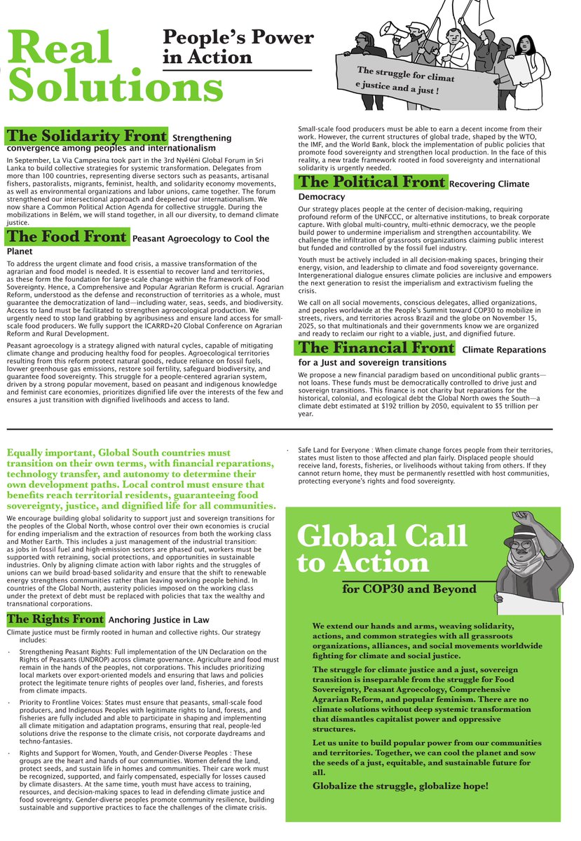 via_campesina's tweet image. At #COP30, we call for #RealSolutions:
Promote Peasant #Agroecology to Cool the Planet! Climate Reparations must be democratically controlled to drive just and sovereign transitions. Place people at the center of decision-making! Reform the UNFCCC! Break corporate capture!