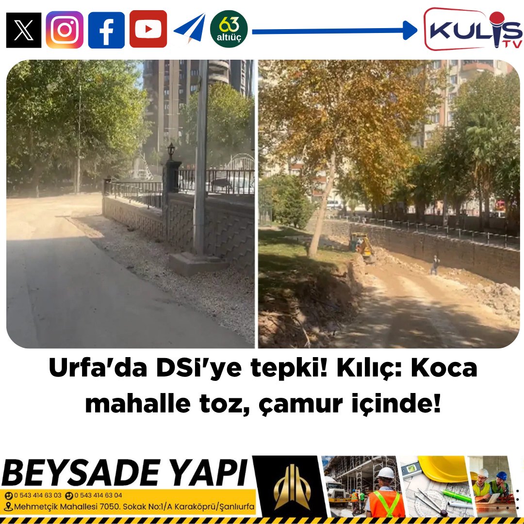 Urfa’da DSİ’ye tepki! Kılıç: Koca mahalle toz, çamur içinde!

TMMOB Mimarlar Odası Şanlıurfa Şube Başkanı Pirkan Kılıç, DSİ’nin Şanlıurfa’da dere ıslah çalışmalarındaki yaklaşımını eleştirdi.
<a href="/pirkankilic/">Pirkan Kılıç</a>
 kulis.tv/urfa-da-dsi-ye…