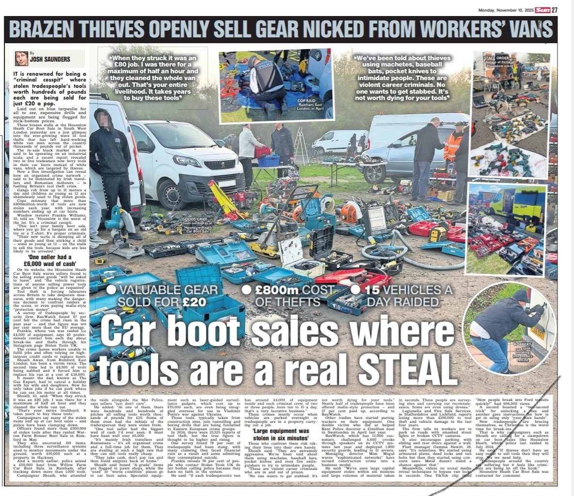 journosaunders's tweet image. Exclusive: How tradies are paying mafia-style ‘protection cash’ to stop kids from stealing #tools &amp;amp; selling them at car boots
Read below....
#trades #tradesman #tradespeople #whitevan #whitevanman #stolentools #stolengoods #carbootsale