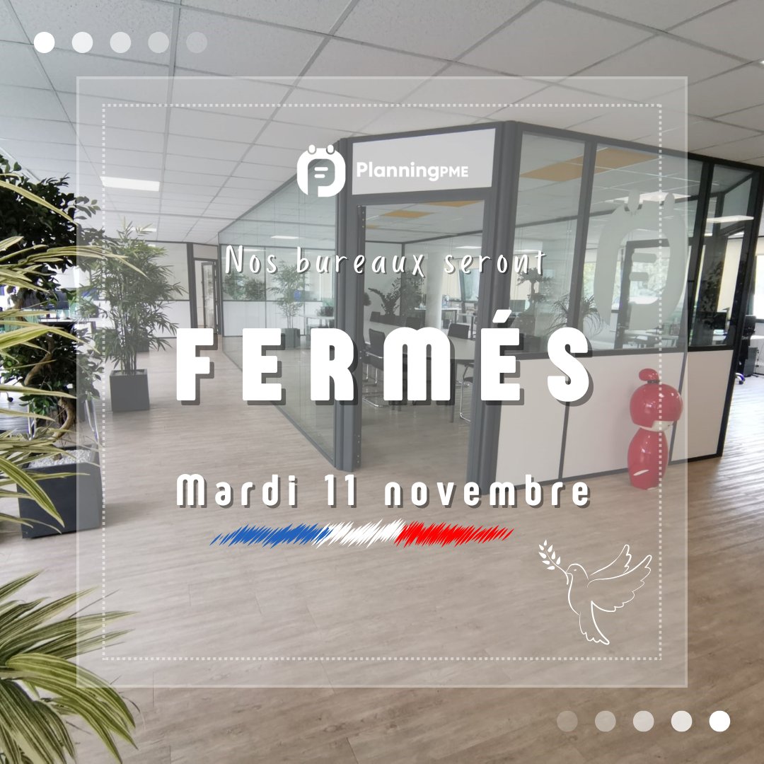 🔔 Fermeture exceptionnelle – 11 novembre
Nos bureaux seront fermés ce mardi 11 novembre (jour férié).
L’équipe PlanningPME vous retrouve dès le 12 pour vous accompagner. 🤝
#PlanningPME #PublicHoliday #CompanyUpdate #Organisation #TimeManagement #Team #ServiceContinuity