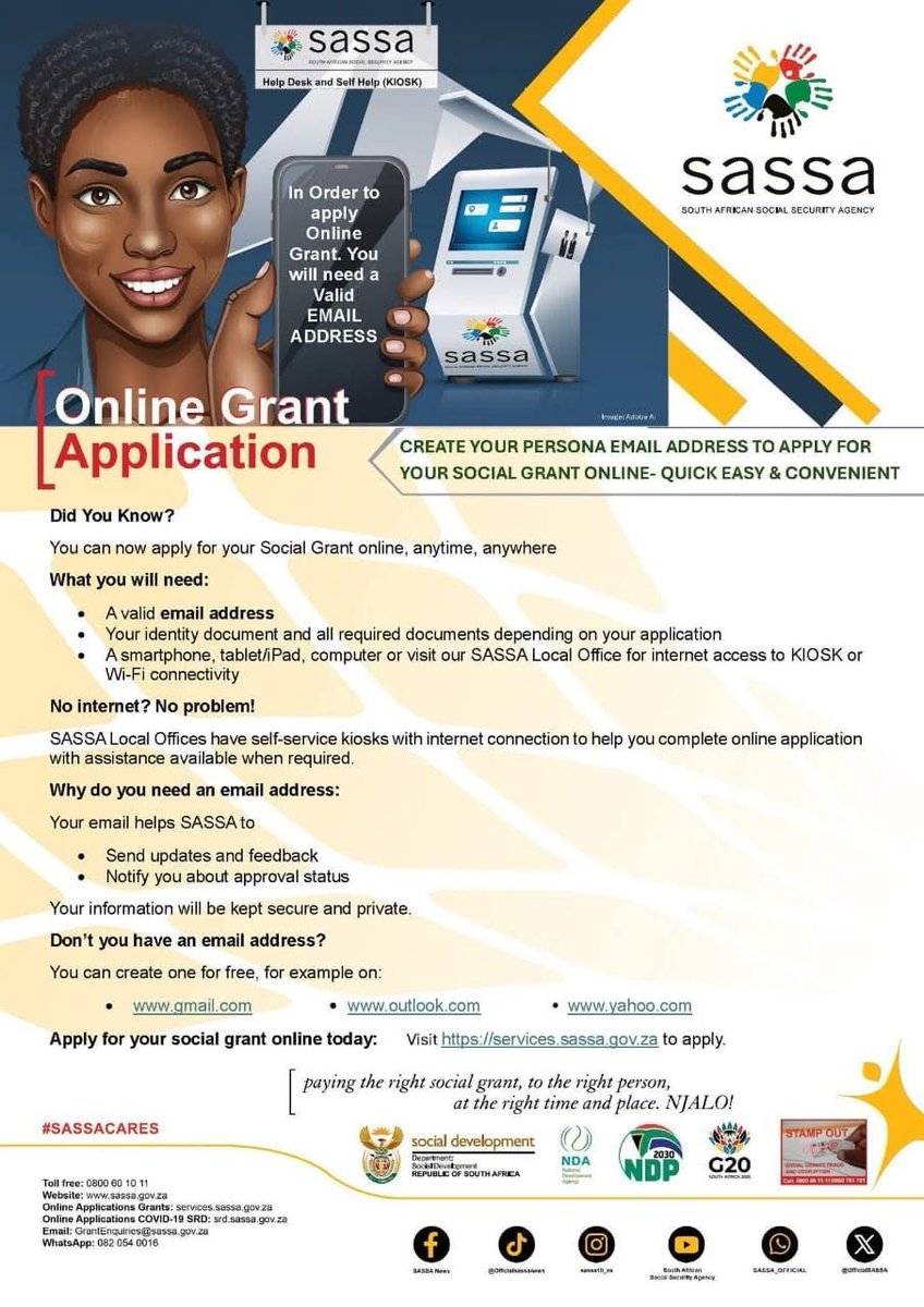 Did you know that you can apply for your social grant online, anytime, anywhere? 

Click on the link below to apply.

services.sassa.gov.za 

#SocialGrantApplications
#SASSACARES