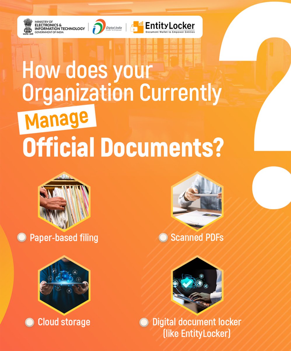 GoI_MeitY's tweet image. Still juggling files and folders? 

Tell us how your organization manages documents today 👇

And discover how EntityLocker is making document management smarter, safer, and paperless!

#EntityLocker #DigitalIndia #PaperlessGovernance
