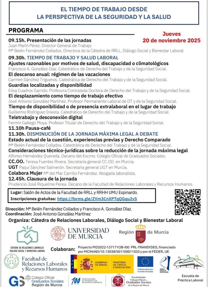 MonerriAbogados's tweet image. '𝐄𝐥 𝐓𝐢𝐞𝐦𝐩𝐨 𝐝𝐞 𝐓𝐫𝐚𝐛𝐚𝐣𝐨 𝐝𝐞𝐬𝐝𝐞 𝐥𝐚 𝐏𝐞𝐫𝐬𝐩𝐞𝐜𝐭𝐢𝐯𝐚 𝐝𝐞 𝐥𝐚 𝐒𝐞𝐠𝐮𝐫𝐢𝐝𝐚𝐝 𝐲 𝐥𝐚 𝐒𝐚𝐥𝐮𝐝'

📆Jueves 20 noviembre
📍Salón de actos Facultad RR.LL/RR.HH @UMU 
✍️Inscripciones: docs.google.com/forms/d/e/1FAI…
➡️Organiza: @Catedra_RRLL 

#MonerriAbogados