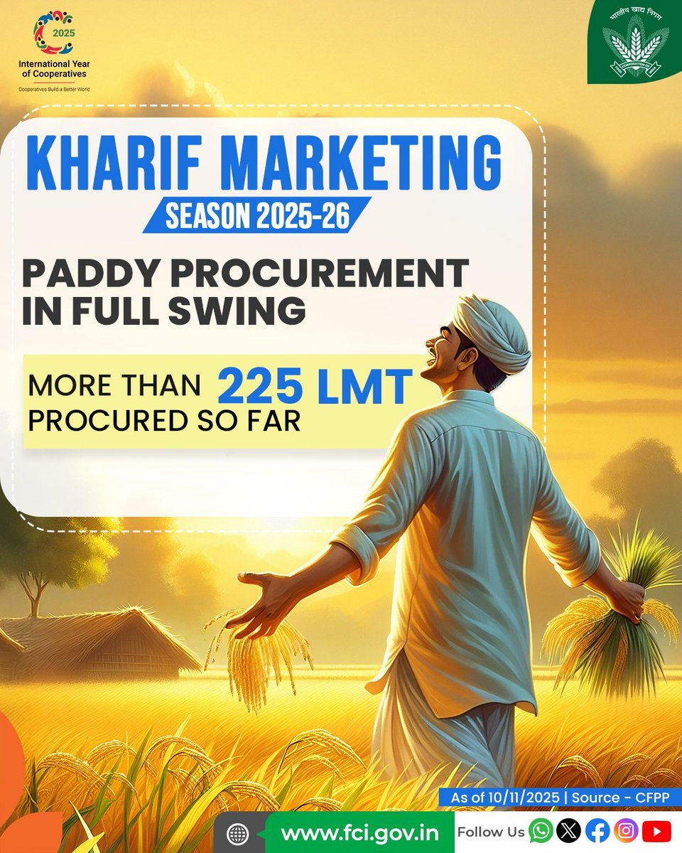 FCI_India's tweet image. #Paddy procurement is in full swing for the Kharif Marketing Season 2025–26. Thousands of farmers are benefiting from the MSP scheme; join them and sell your harvest.

#FoodSecurity #India