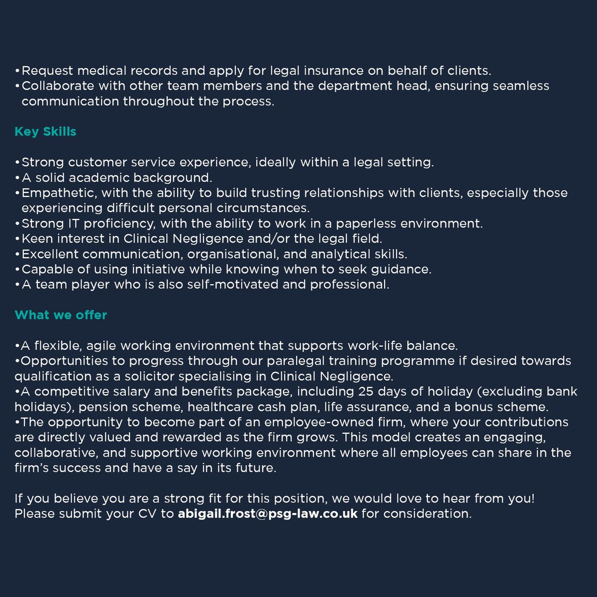 Due to our continued expansion, we’re looking for a Paralegal to join our busy Clinical Negligence team!

Please see below for the full requirements and role description - if you feel you’d be a good fit for the position, please submit your CV to Abigail.frost@psg-law.co.uk.