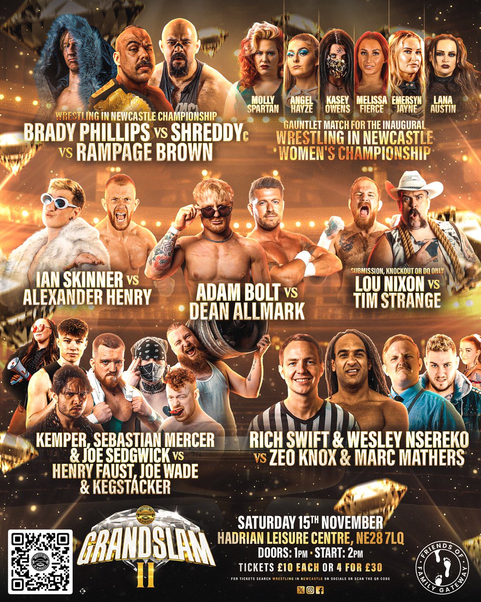 💎 This Saturday the best wrestlers from across the UK descend on Newcastle.

7 huge matches, high stakes and scores to be settled.

Sat 15th Nov
Hadrian Leisure Centre, Wallsend
Doors 1PM • Bell 2PM • End 5PM-ish

🎟️ JUST £10 OR 4 FOR £30!
