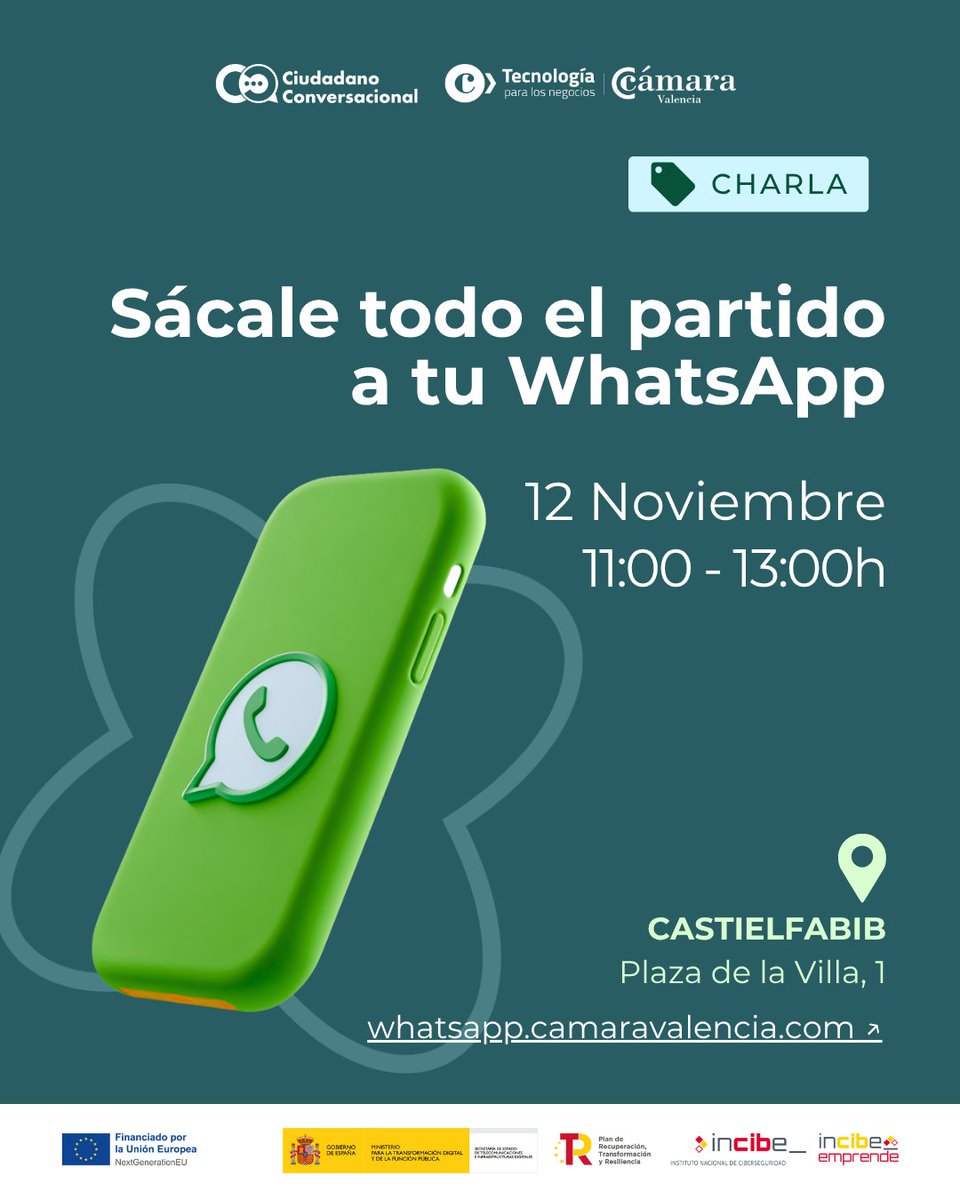 .#Castielfabib impulsa la #digitalización segura: jornada gratuita para sacarle todo el partido a #WhatsApp
El Ayuntamiento , en colaboración con #CámaraValencia y #CITRuralTEC,organiza el  12 de noviembre, la jornada gratuita “Sácale todo el partido a tu WhatsApp. Info en 👇