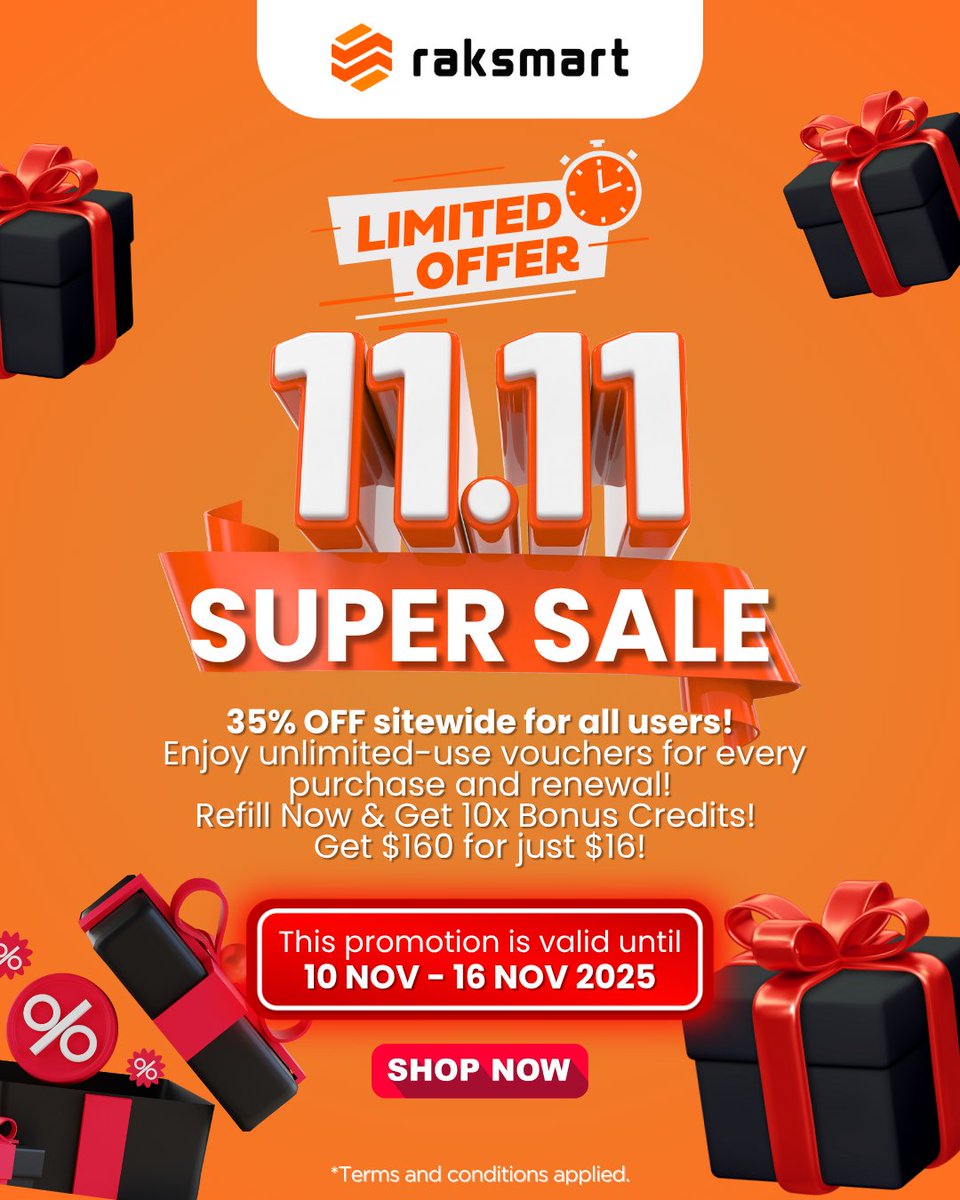 raksmart's tweet image. 🎉 RAKsmart 11.11 Mega Sale is Here! 🎉

🗓️ From November 10–16, enjoy 35% OFF storewide with unlimited-use vouchers and refill now and get 10x Bonus Credits! Get $160 for just $16!

👉 raksmart.com/cps/5266

#RAKsmart #1111Sale #HostingDeals #VPS #BareMetalServer