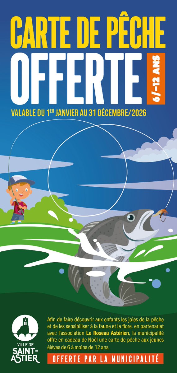 Des cartes de pêche offertes aux enfants de 6 à 12 ans !
Le coupon-réponse est à rendre en mairie ou dans la boîte aux lettres  (accès derrière la mairie), lundi 24 novembre 2025 dernier délai !  Renseignements au 05 53 02 42 80 #pêche #saintastier