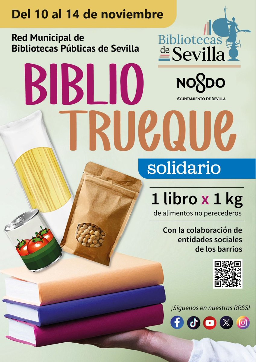 Hoy comienza 'Biblio Trueque'📚, una iniciativa a través de <a href="/biblios_sevilla/">Bibliotecas de Sevilla</a> que muestra el lado más solidario de los sevillanos✨

Un libro por un kilo de alimentos o un litro de leche 📕x🛍️

📌Esta iniciativa esta activa en las 14 bibliotecas municipales (excepto El Esqueleto).