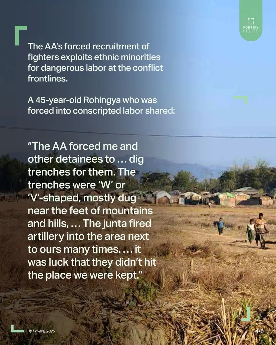 VORohingya's tweet photo. The  (AA) must stop using ethnic minorities in Rakhine for dangerous forced labor at the conflict frontlines.
Fortify Rights reveals how the AA forces Rohingya, Hindu, &amp;other ethnic minorities into life-threatening work, with many detained, tortured &amp; forced to work over months. https://t.co/MrTJRR4n6V