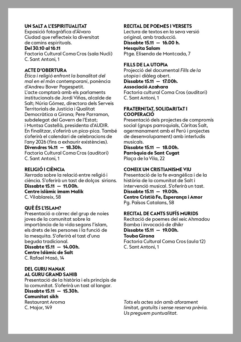 🌙La Nit de les Religions a Salt

14 i 15 de novembre

Acte inaugural
📅 14/11 🕢18.30 h - Factoria Cultural Coma Cros

I el 15 👉 propostes de les comunitats de la ciutat (consulta el programa)

Organitza <a href="/_AUDIR/">AUDIR</a> amb el suport d’<a href="/afersreligiosos/">Afers religiosos</a> i la col·laboració de <a href="/ViladeSalt/">Ajuntament de Salt</a>