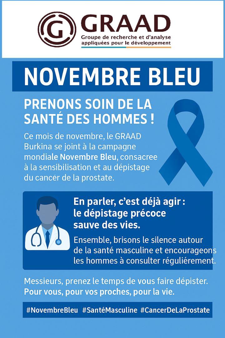 🔵 Novembre Bleu, c’est maintenant!

Le cancer de la prostate est silencieux, mais le dépistage peut faire toute la différence. 

GRAAD Burkina invite les hommes à se faire dépister. Pour eux. Pour la vie. 

#NovembreBleu #SantéMasculine #CancerDeLaProstate