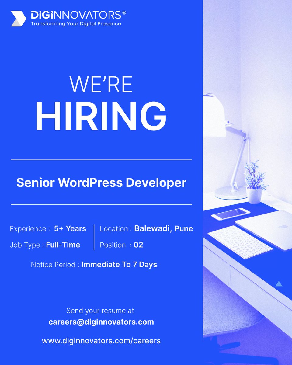 diginnovators's tweet image. We’re looking for a #SeniorWordPressDeveloper to join our growing team at #Diginnovators
📩 Apply at: careers@diginnovators.com
📞 Contact: +91 80879 53989
#wordpressdeveloper #seniorwordpressdeveloper #diginnovators #punehiring #webdevelopment #techtalent #careeropportunity