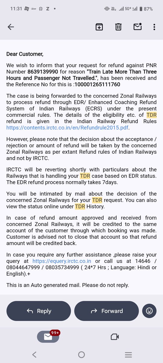 IamAditya34's tweet photo. @RailwaySeva @IRCTCofficial
My train was delayed by over 3 hrs and I had to take a taxi. I raised a TDR 100001265111760 citing “Train Late More Than 3 Hours" for PNR 8639139990, but it was rejected as I submitted it just 1 min after departure. Please review this unfair rejection. https://t.co/yaqaLotQgq
