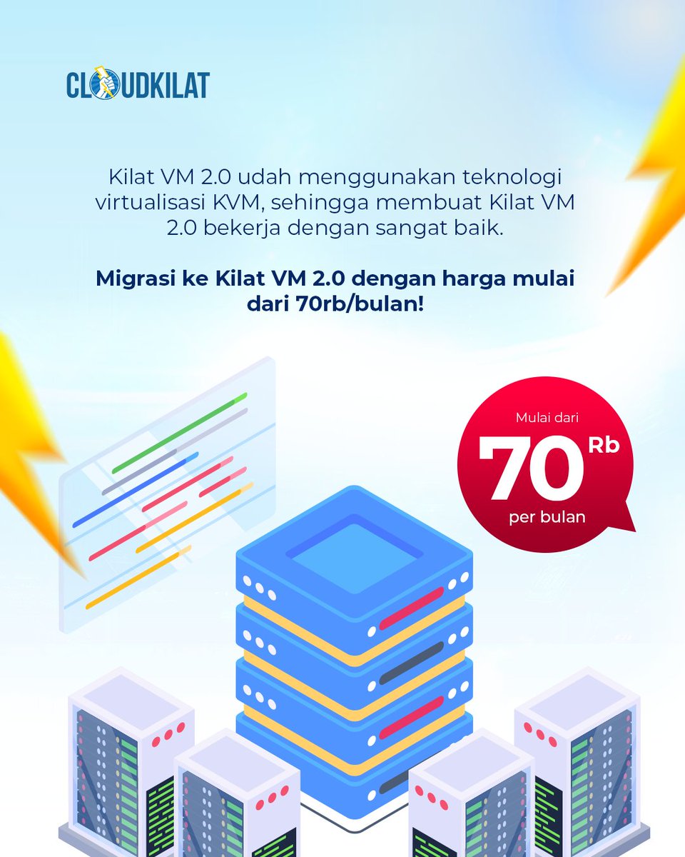 cloudkilat's tweet image. Kilat VM 2.0 udah pake KVM lho!
Jadi Kilat VM 2.0 bisa mengoptimalkan sumber daya yang ada.

Nggak hanya itu, Kilat VM 2.0 juga memiliki performa tinggi, keandalan terjamin, dan skalabilitas yang tinggi.

Langganan Kilat VM 2.0 sekarang! Klik link di bio!

#CloudKilat #vps
